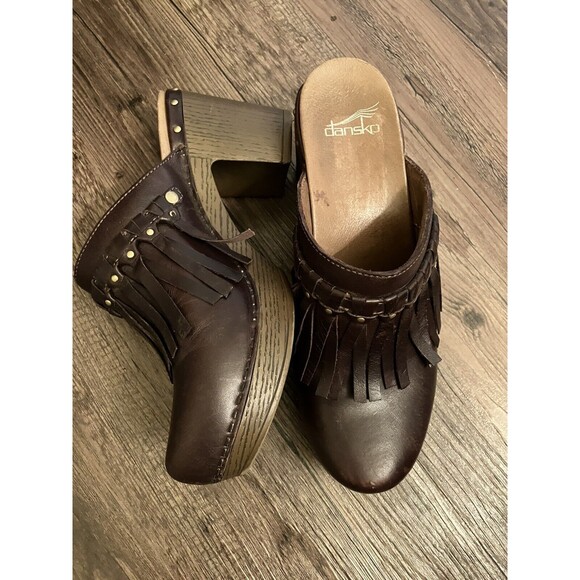 Dansko Brown Leather Mules with Fringe - Picture 2 of 10